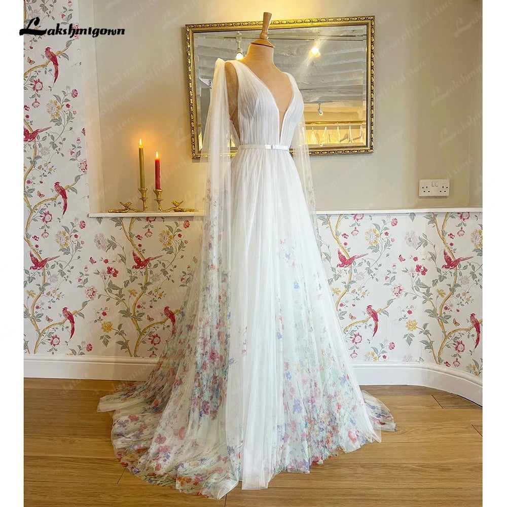Roycebridal Floral Beach Fairy Wedding Dresses with Cape 2025 Backless Wedding Gowns vestido de noiva princesa Roycebridal Floral Beach Fairy Wedding Dresses with Cape 2025 Backless Wedding Gowns vestido de noiva princesa