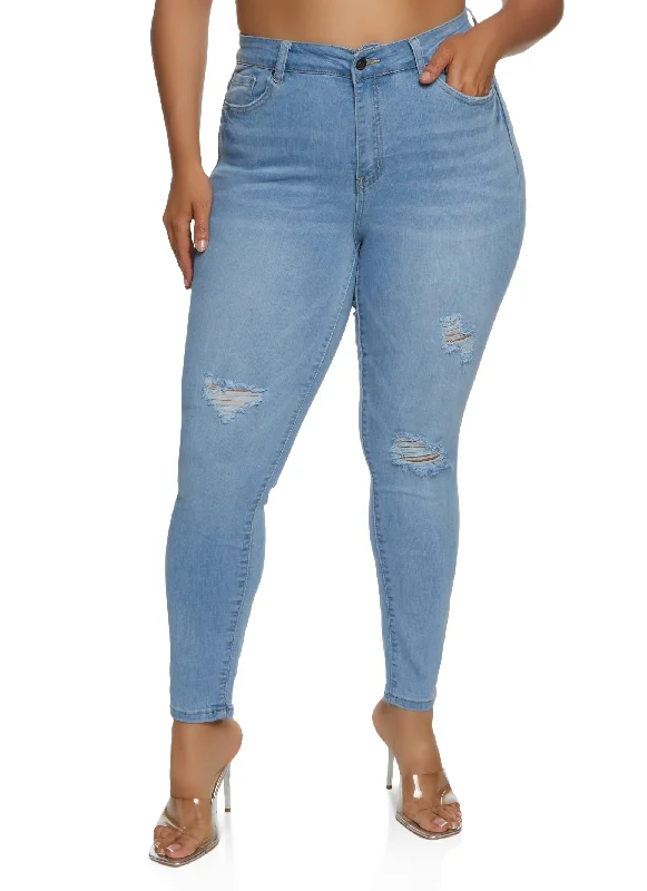 Comfort-Fit Men's JeansPlus Size WAX Distressed Whiskered High Waisted Skinny Jeans
