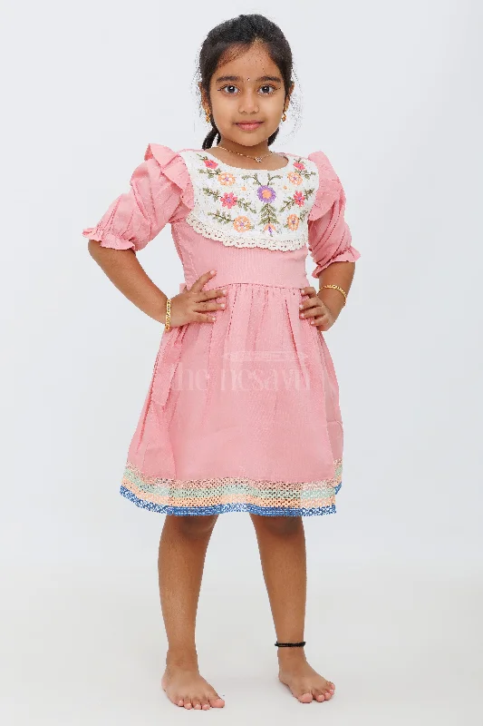 Girls Rose Pink Embroidered Frock with Lace Details and Long Sleeves - Party Wear Dress