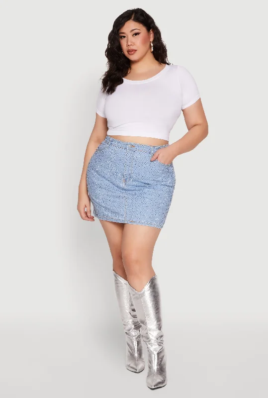 Men's Jeans for Office WearPlus Size Daisy Rhinestone Studded Mini Denim Skirt