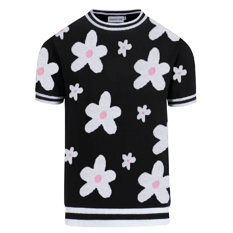 Men's Shirts with Pocket SquaresMen's black floral knitted jacquard T-shirt
