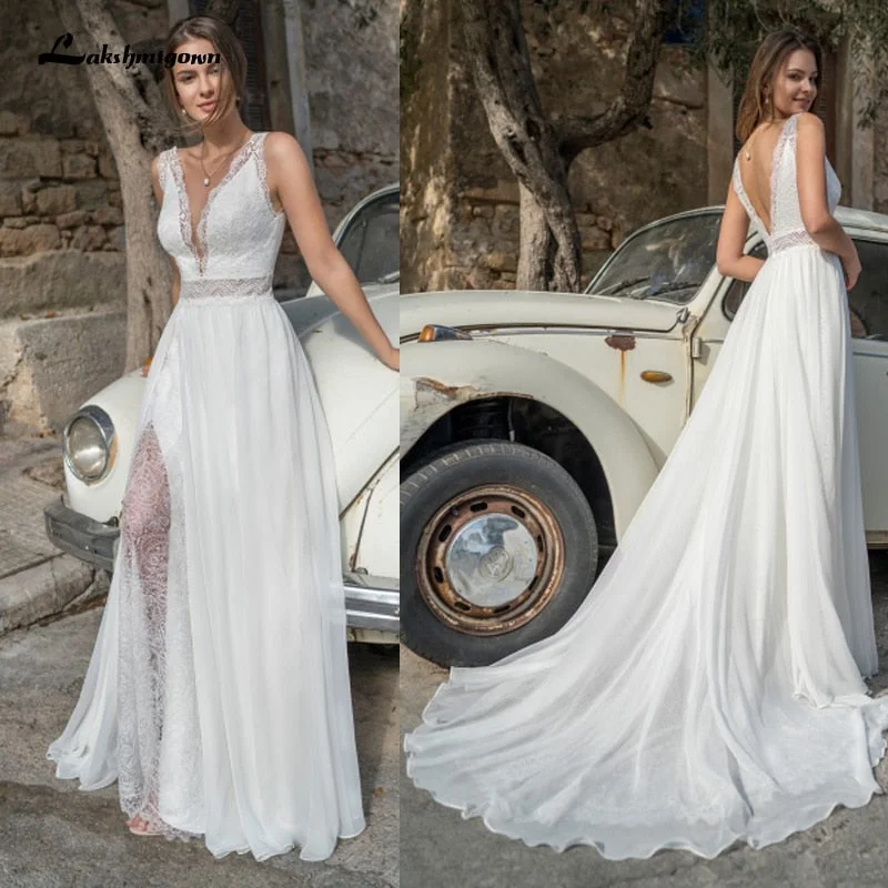 Ivory Bohemian Side Split Lace Bridal Dress Summer Wedding 2021 Sexy Lace V neck A Line Wedding Gown Vestido Playero Ivory Bohemian Side Split Lace Bridal Dress Summer Wedding 2021 Sexy Lace V neck A Line Wedding Gown Vestido Playero