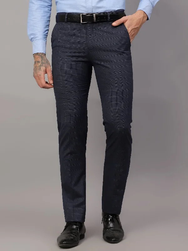 Men's Pants with Slant PocketsMen's Formal Flat front Navy Blue Checks Trousers