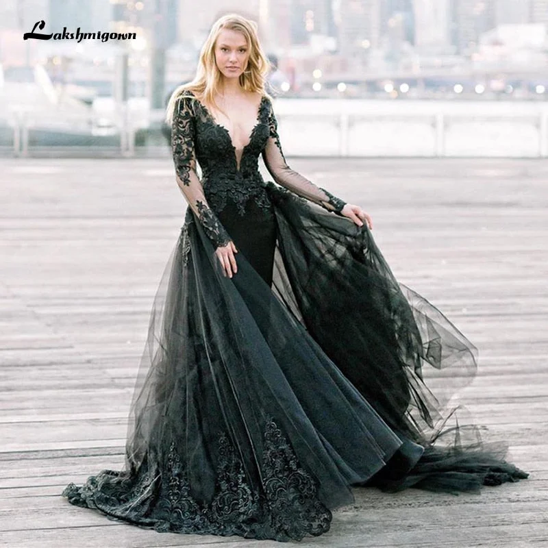 Roycebridal Gothic Design Black Wedding Dresses Long Sleeve Deep V Neck Appliqued Lace Tulle A Line Vintage Bridal Gowns Vestidos De Noiva Roycebridal Gothic Design Black Wedding Dresses Long Sleeve Deep V Neck Appliqued Lace Tulle A Line Vintage Bridal Gowns Vestidos De Noiva