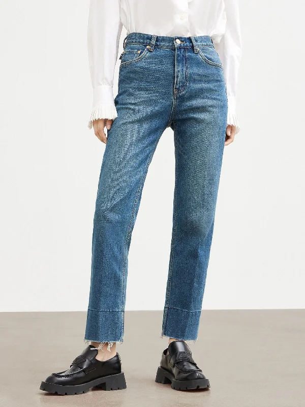 Flexible Stretch Men's JeansFrayed Straight Cotton Jeans