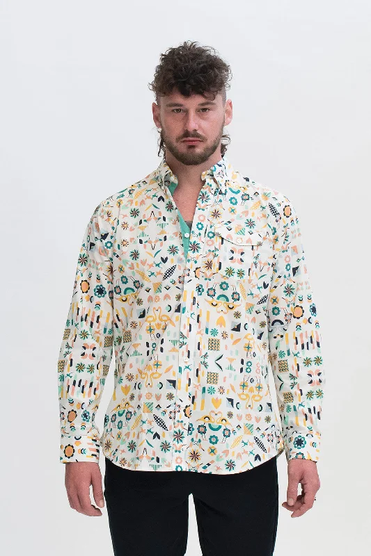 Men's Long-Sleeve Shirts for Year-Round WearRelaxed Oxford Shirt in White Bird Print Men's Long-Sleeve Shirts for Year-Round WearRelaxed Oxford Shirt in White Bird Print