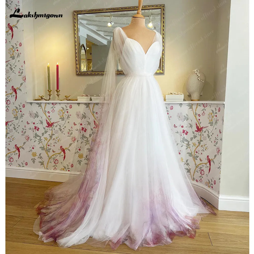 Roycebridal Print Flower Garden Tulle Wedding Dress with Cape Women Sleeveless A Line V Neck Wedding Gowns for Bridal Roycebridal Print Flower Garden Tulle Wedding Dress with Cape Women Sleeveless A Line V Neck Wedding Gowns for Bridal