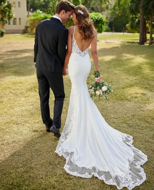Roycebridal Lace Mermaid Wedding Dresses Spaghetti Straps Sexy V-Neck Backless Appliques Sleeveless Button Long Sweep Train Bride Gown 2021 Roycebridal Lace Mermaid Wedding Dresses Spaghetti Straps Sexy V-Neck Backless Appliques Sleeveless Button Long Sweep Train Bride Gown 2021