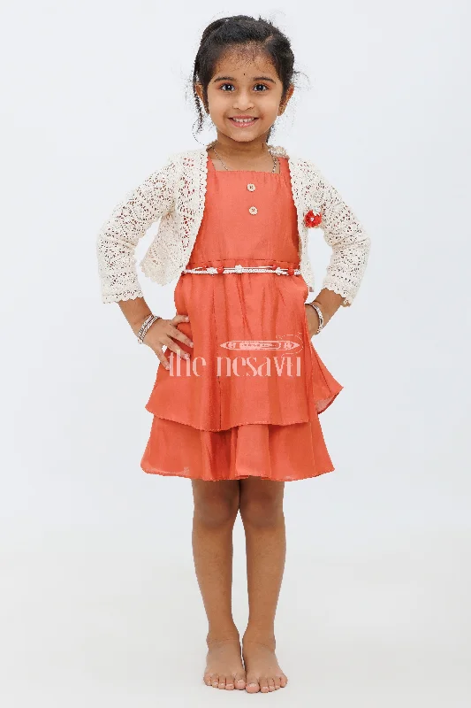 Girls Orange Double-Tiered Party Dress with Crochet Bolero and Floral Belt
