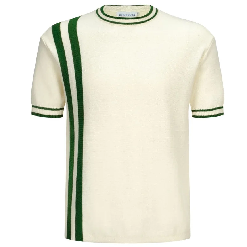 Comfortable Men's Polo ShirtsMen's Off White Knitted T-Shirt With Double Green Racing Stripe