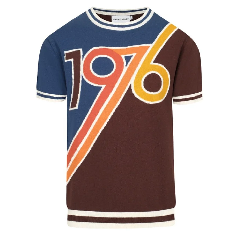Men's Shirts with Patchwork SleevesMen's vintage color matching 1976 knit T-shirt