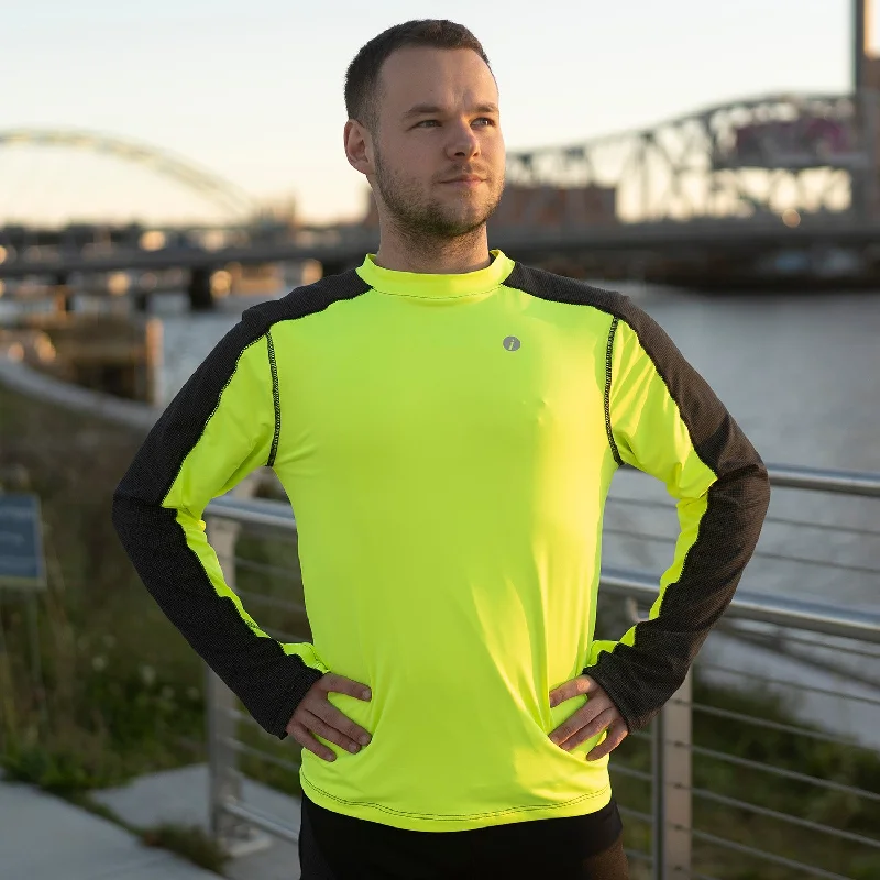 Men's Unique and Designer TopsLong Sleeve Reflective Men's Warm Up Tee in Flo Lime/Black