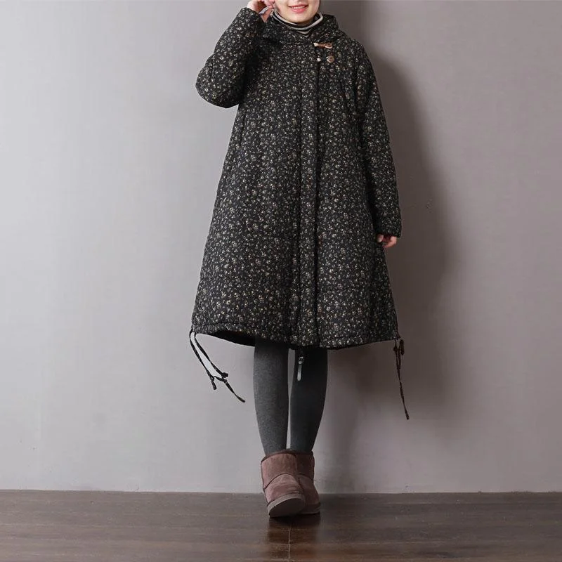 Luxury black print women parka oversize hooded winter Luxury pockets drawstring winter coats