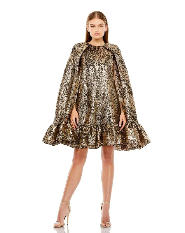 Mac Duggal 20700 High Neck Cape Sleeve Metallic Trapeze Short dress